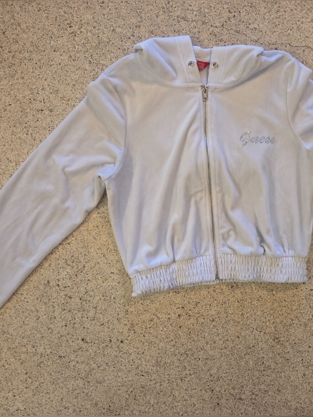 Guess Velour White Hooded Full Zip Cropped Jacket Rhinestone Size Medium